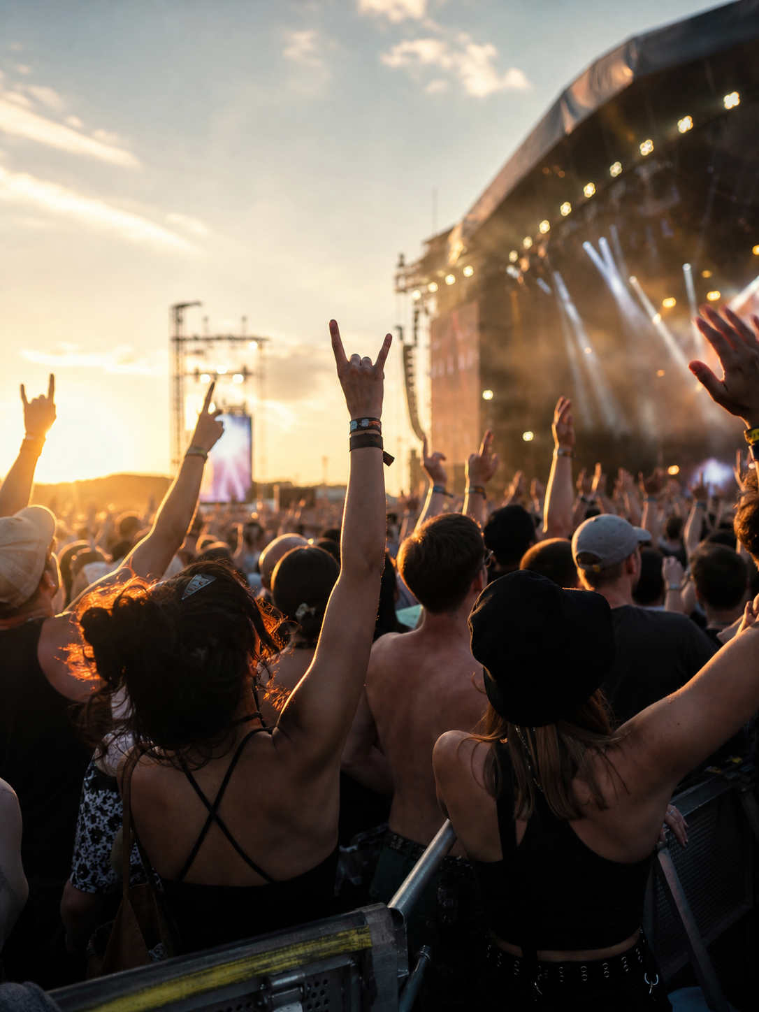 Publikum an der ersten Reihe vor einer Festivalbuhne im Abendlicht